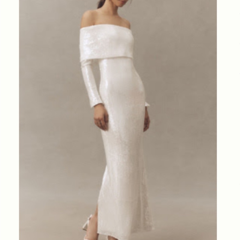 Anthropologie White Off-Shoulder Sequin Long Sleeve Gown